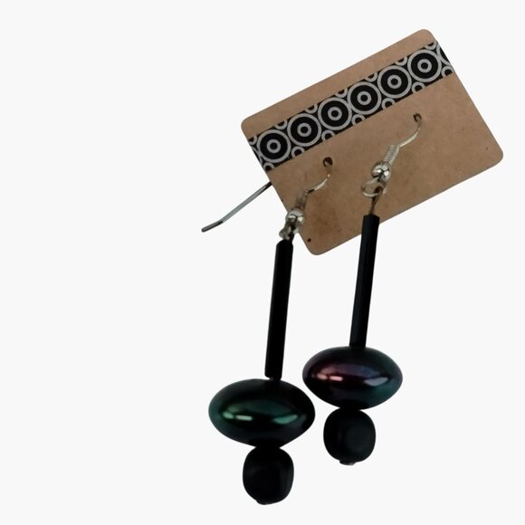 Iridescent Black Dangle Earrings Silver Hooks - Picture 3 of 4